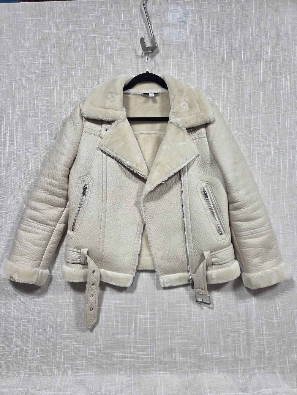 Topshop Womens Beige Faux Leather Shearling Bomber Moto Biker Jacket Sz 4